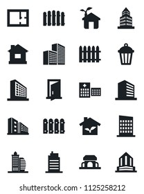 Set of vector isolated black icon - office building vector, fence, house, garden light, hospital, plan, city, cafe, eco, door