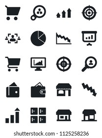 Set of vector isolated black icon - shop vector, checkroom, growth statistic, crisis graph, store, monitor statistics, pie, hr, target, consumer search, arrow up, wallet, cart, presentation