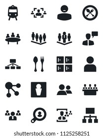 Set of vector isolated black icon - spoon and fork vector, train, male, checkroom, speaking man, team, meeting, patient, group, user, hr, company, client search, social media, hierarchy