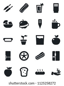 Set of vector isolated black icon - hot cup vector, seedling, plant label, diet, fridge, drink, salad, bacon, bread, kebab, dog, apple fruit, fan, palm sprout