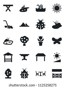 Set of vector isolated black icon - cafe vector, sun, flower in pot, lawn mower, butterfly, lady bug, pond, picnic table, brightness, pool, fruit tree, mountains, alcove