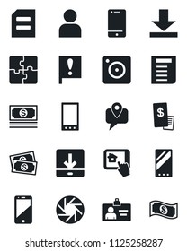 Set of vector isolated black icon - identity card vector, document, important flag, cash, mobile tracking, cell phone, camera, user, download, application, restaurant receipt, home control app