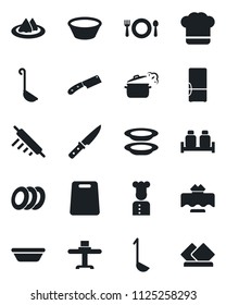 Set of vector isolated black icon - fridge vector, cook, restaurant table, serviette, cafe, hat, plates, salt and pepper, ladle, bowl, rolling pin, cutting board, knife, steaming pan