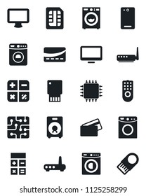 Set of vector isolated black icon - washer vector, calculator, monitor, speaker, phone back, sim, credit card, chip, remote control, router, usb flash