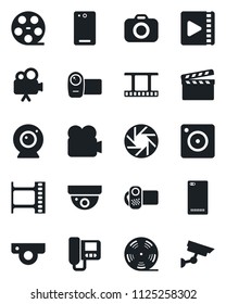 Set of vector isolated black icon - clapboard vector, film frame, reel, camera, video, phone back, mobile, web, intercome, surveillance