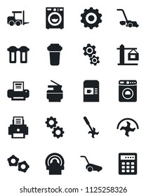Set of vector isolated black icon - coffee machine vector, washer, fork loader, gear, ripper, lawn mower, tomography, printer, copier, crane, water filter, combination lock