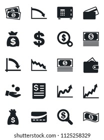 Set of vector isolated black icon - safe vector, dollar sign, money bag, crisis graph, cash, receipt, credit card, wallet, growth, search, investment
