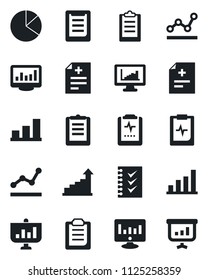 Set of vector isolated black icon - growth statistic vector, monitor, diagnosis, pulse clipboard, statistics, bar graph, pie, checklist, point, presentation