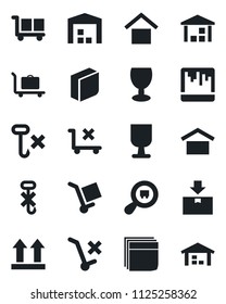 Set of vector isolated black icon - baggage trolley vector, fragile, cargo, warehouse storage, up side sign, no, hook, package, search, scanner, blank box