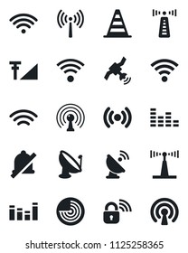 Set of vector isolated black icon - antenna vector, border cone, radar, satellite, equalizer, wireless, mute, cellular signal, lock