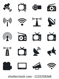 Set of vector isolated black icon - antenna vector, satellite, radio, loudspeaker, tv, video camera, wireless