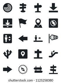 Set of vector isolated black icon - elevator vector, escalator, signpost, right arrow, left, wind, radar, route, pin, download, place tag, compass, flag, guidepost