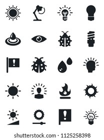 Set of vector isolated black icon - sun vector, bulb, lady bug, fire, eye, important flag, brightness, desk lamp, water, energy saving, shining head, idea