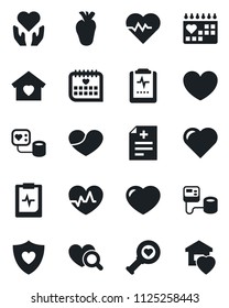 Set of vector isolated black icon - heart vector, pulse, diagnosis, blood pressure, diagnostic, shield, hand, real, medical calendar, clipboard, sweet home