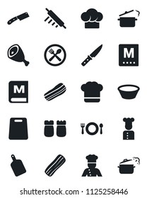 Set of vector isolated black icon - cook vector, cafe, hat, menu, bacon, salt and pepper, ham, bowl, rolling pin, cutting board, knife, steaming pan