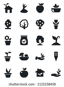 Set of vector isolated black icon - flower in pot vector, seedling, tree, sproute, plant label, fertilizer, fruit, salad, apple, eco house, palm