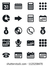 Set of vector isolated black icon - right arrow vector, calendar, circle chart, microphone, menu, calculator, phone, money bag