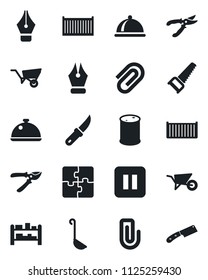 Set of vector isolated black icon - wheelbarrow vector, pruner, saw, garden knife, cargo container, oil barrel, rack, pause button, application, paper clip, ink pen, dish, ladle