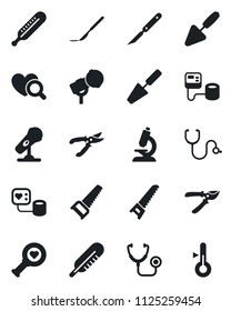 Set of vector isolated black icon - trowel vector, pruner, saw, stethoscope, blood pressure, thermometer, heart diagnostic, microscope, scalpel, microphone