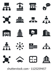 Set of vector isolated black icon - hierarchy vector, well, molecule, hospital, office building, garage, plan, home message