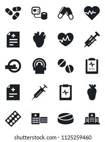 Set of vector isolated black icon - heart pulse vector, diagnosis, syringe, blood pressure, pills, blister, tomography, real, clipboard, hospital