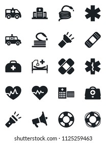 Set of vector isolated black icon - hose vector, heart pulse, doctor case, patch, ambulance star, car, hospital bed, loudspeaker, torch, crisis management