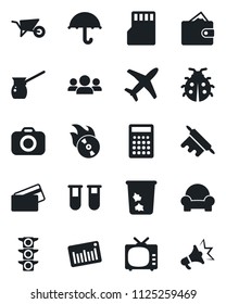 Set of vector isolated black icon - trash bin vector, wheelbarrow, lady bug, blood test vial, plane, traffic light, umbrella, barcode, flame disk, camera, tv, sd, cushioned furniture, credit card