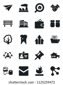 Set of vector isolated black icon - identity card vector, factory, tree, bench, blood pressure, caries, flammable, mail, drawing pin, document folder, hr, handshake, house with garage, estate search