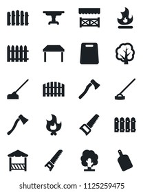 Set of vector isolated black icon - fence vector, tree, saw, fire, hoe, axe, table, alcove, cutting board