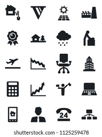Set of vector isolated black icon - dispatcher vector, departure, baby room, medal, notebook pc, rain, 24 hours, office building, calculator, house with tree, estate agent, factory, home control