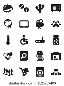 Set of vector isolated black icon - safe vector, plane globe, team, document search, notebook pc, pills, bottle, disabled, diet, route, cargo, video camera, hr, book, warehouse, washer, router