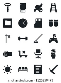 Set of vector isolated black icon - waiting area vector, document, ladder, sun, hoe, garden light, barbell, satellite, no trolley, gamepad, video camera, sd, folder, pie graph, office chair, tie