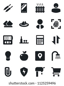Set of vector isolated black icon - bulb vector, patient, mobile, protect, stopwatch, data exchange, place tag, paper clip, calculator, water supply, estate agent, bathroom, heater, alcohol, kebab