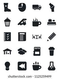 Set of vector isolated black icon - baggage conveyor vector, cafe, ladder car, clouds, mouse, document, coffee, bulb, boot, garden light, joint, delivery, rewind, sd, checklist, pencil, warehouse