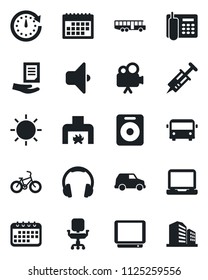 Set of vector isolated black icon - airport bus vector, document, sun, syringe, bike, tv, video camera, headphones, laptop pc, speaker, calendar, office phone, chair, fireplace, sound, clock, car