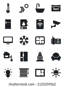 Set of vector isolated black icon - office phone vector, monitor, building, plan, rent, bathroom, cushioned furniture, fridge, home control, water heater, snowflake, thermometer, bulb, jalousie