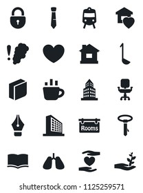 Set of vector isolated black icon - train vector, lock, office building, book, coffee, house, heart, hand, lungs, ink pen, chair, blank box, tie, rooms, sweet home, ladle, smoke detector