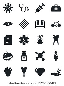 Set of vector isolated black icon - heart vector, doctor case, diagnosis, stethoscope, syringe, blood test vial, pills bottle, blister, ambulance star, bike, real, caries, implant, eye, diet, virus