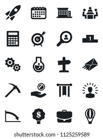 Set of vector isolated black icon - meeting vector, office building, target, consumer search, gear, shining head, rocket, pennon, crisis, investment, calendar, flask, case, calculator, mail