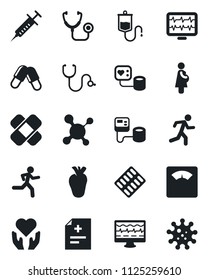 Set of vector isolated black icon - monitor pulse vector, diagnosis, molecule, stethoscope, syringe, blood pressure, dropper, scales, pills, blister, patch, run, heart hand, real, pregnancy, virus