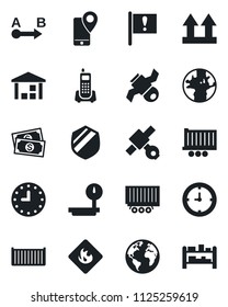 Set of vector isolated black icon - earth vector, important flag, satellite, cash, office phone, mobile tracking, truck trailer, cargo container, clock, up side sign, warehouse, shield, flammable