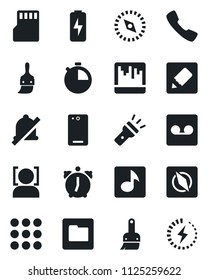 Set of vector isolated black icon - phone back vector, call, menu, themes, alarm, stopwatch, record, scanner, sd, folder, notes, torch, mute, compass, face id, music, charge