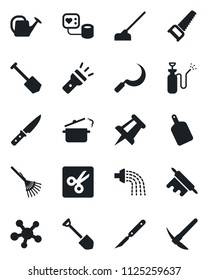 Set of vector isolated black icon - drawing pin vector, job, rake, watering can, saw, hoe, sickle, garden sprayer, blood pressure, scalpel, share, torch, cut, rolling, cutting board, knife