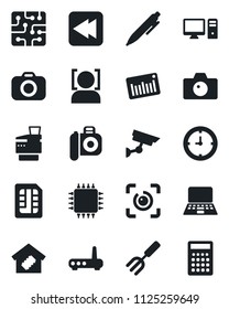 Set of vector isolated black icon - camera vector, pen, notebook pc, garden fork, clock, barcode, rewind, sim, face id, eye, copier, smart home, chip, router, surveillance, calculator