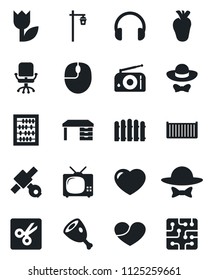 Set of vector isolated black icon - office chair vector, abacus, mouse, desk, fence, garden light, real heart, satellite, cargo container, tulip, radio, headphones, cut, tv, dress code, ham, chip