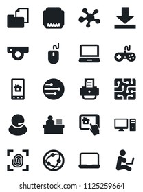 Set of vector isolated black icon - mouse vector, printer, support, folder document, gamepad, network, laptop pc, share, hdmi, download, manager desk, notebook, chip, fingerprint, web camera
