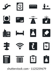 Set of vector isolated black icon - runway vector, escalator, bomb in case, flight table, document, reload, pulse clipboard, signpost, radio phone, mail, notes, wireless, face id, identity card