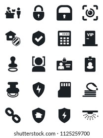 Set of vector isolated black icon - passport control vector, stamp, lock, identity card, hose, shield, chain, protect, sd, face id, eye, estate insurance, vip zone, home, combination, pass