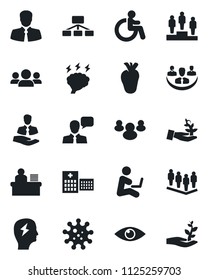 Set of vector isolated black icon - disabled vector, pedestal, team, brainstorm, real heart, eye, hospital, virus, client, speaker, group, company, manager desk, palm sproute, hierarchy