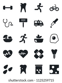 Set of vector isolated black icon - plant label vector, seeds, heart pulse, stethoscope, dropper, patch, ambulance car, barbell, bike, run, caries, implant, salad, omelette, cheese